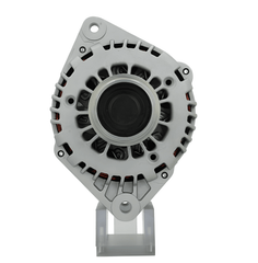 A new aftermarket alternator for Opel vehicles, featuring a metal body with a gray and silver color scheme, standard design for automotive alternators.