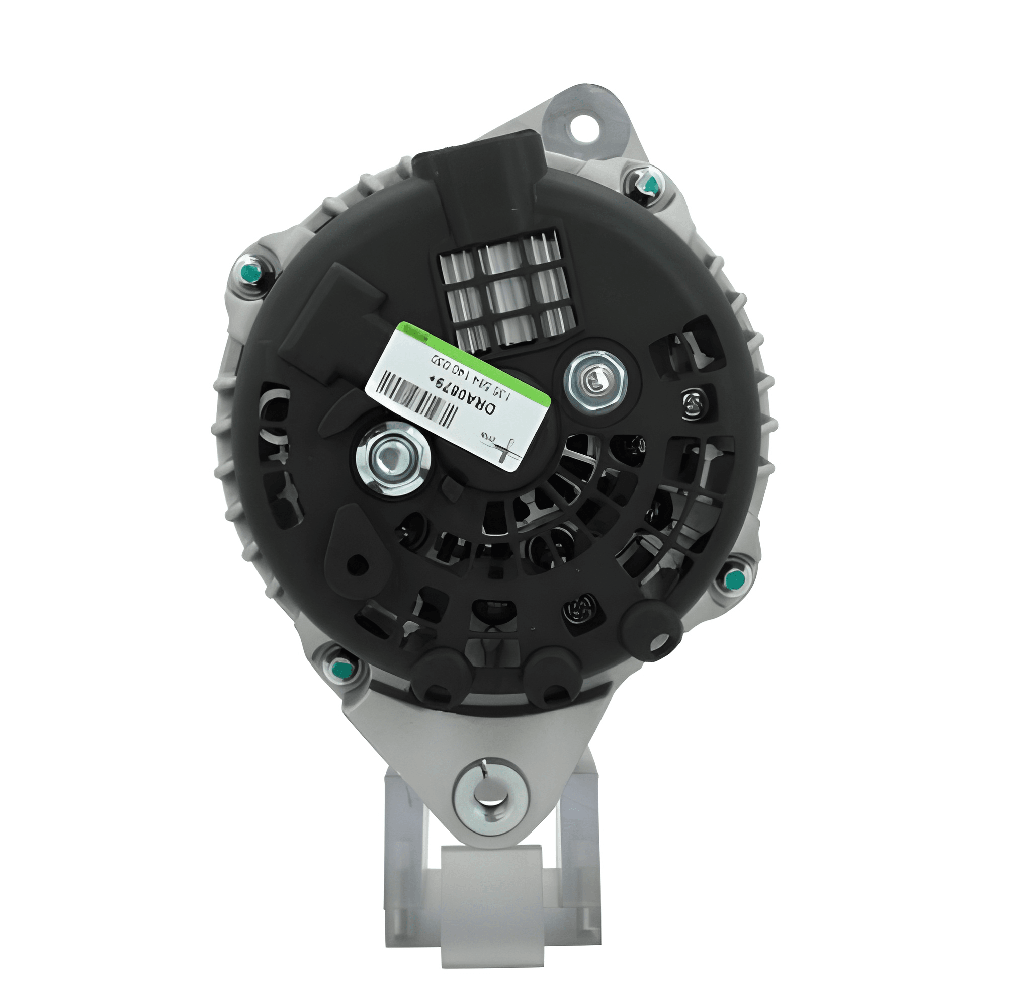 A new aftermarket alternator for Opel vehicles, featuring a metal body with a gray and silver color scheme, standard design for automotive alternators.