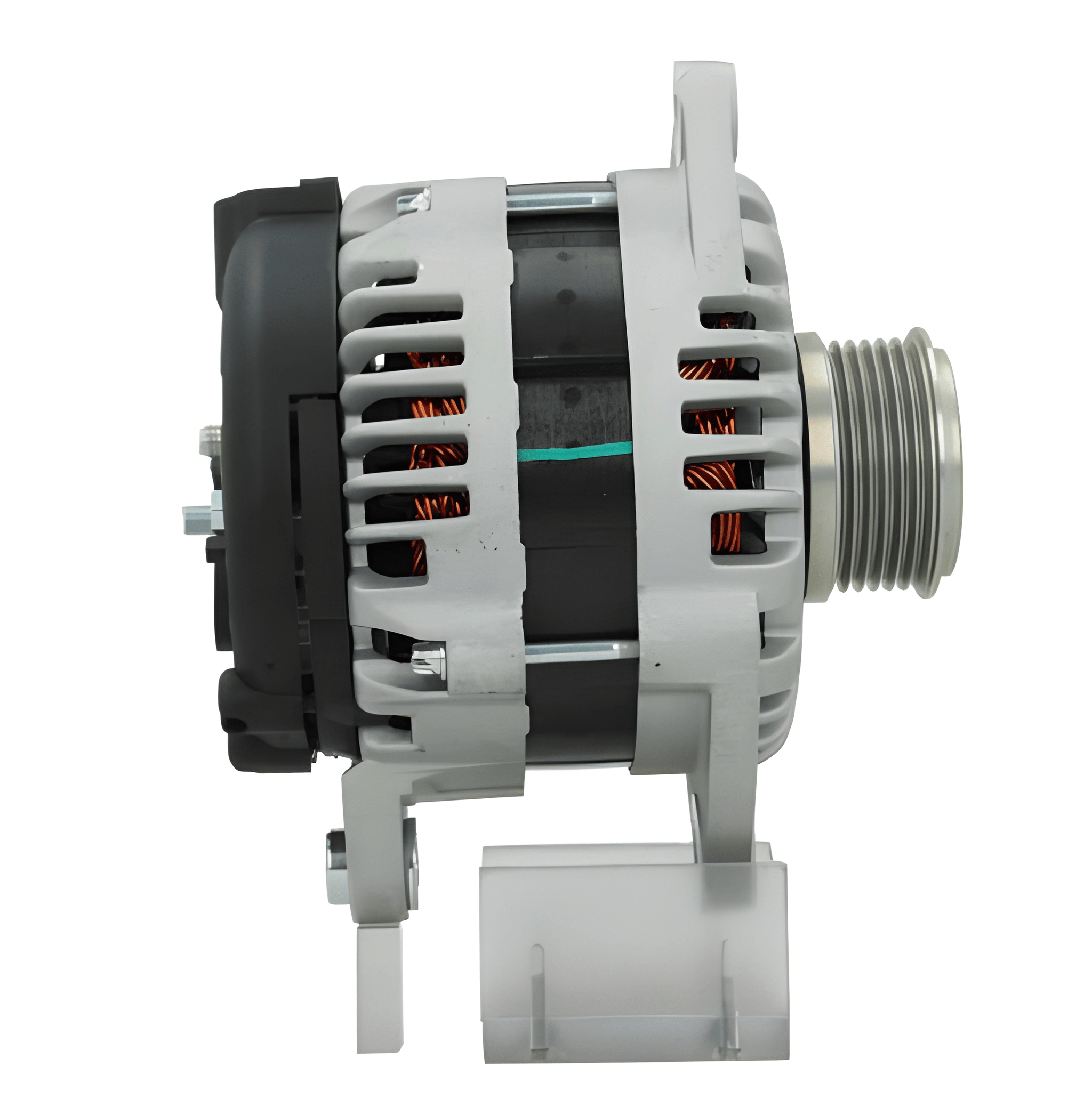 A new aftermarket alternator for Opel vehicles, featuring a metal body with a gray and silver color scheme, standard design for automotive alternators.