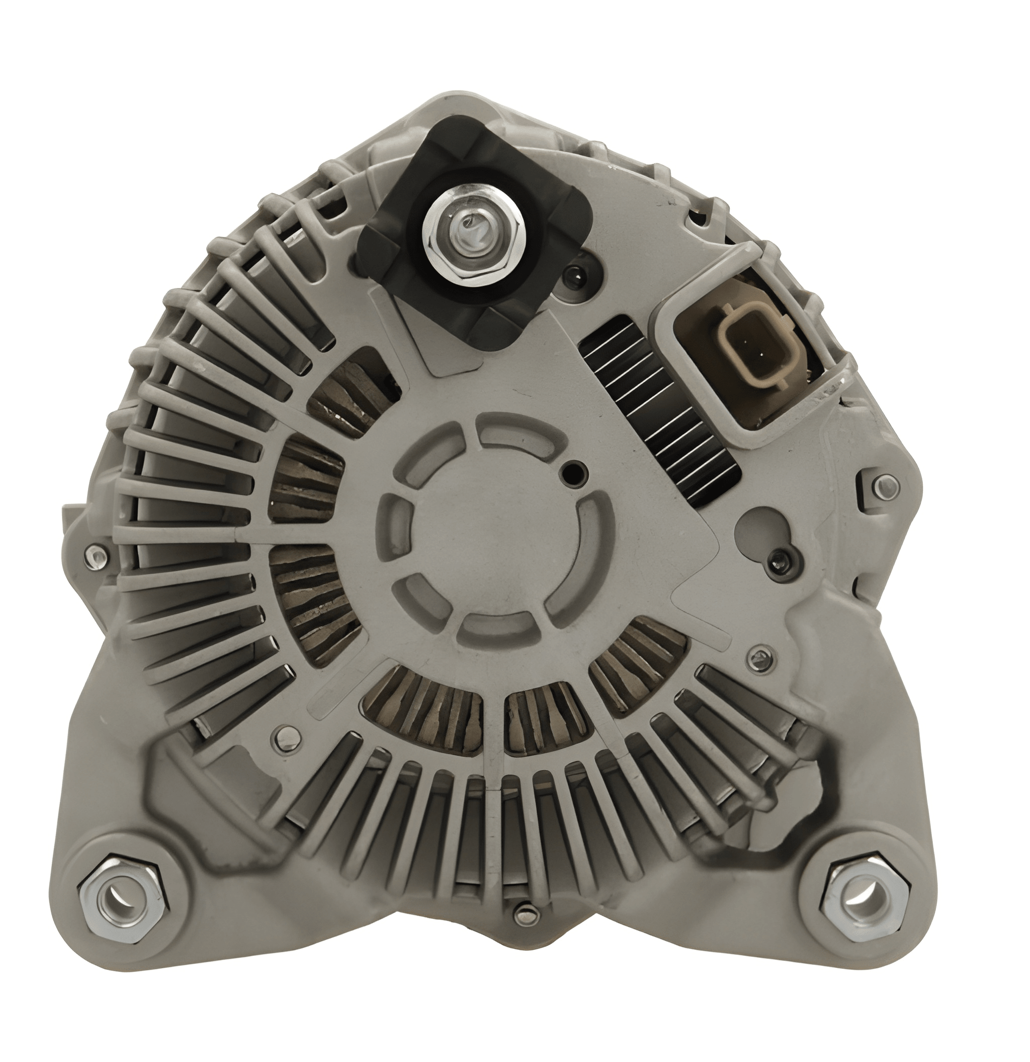 rear view of a Car alternator on a white background