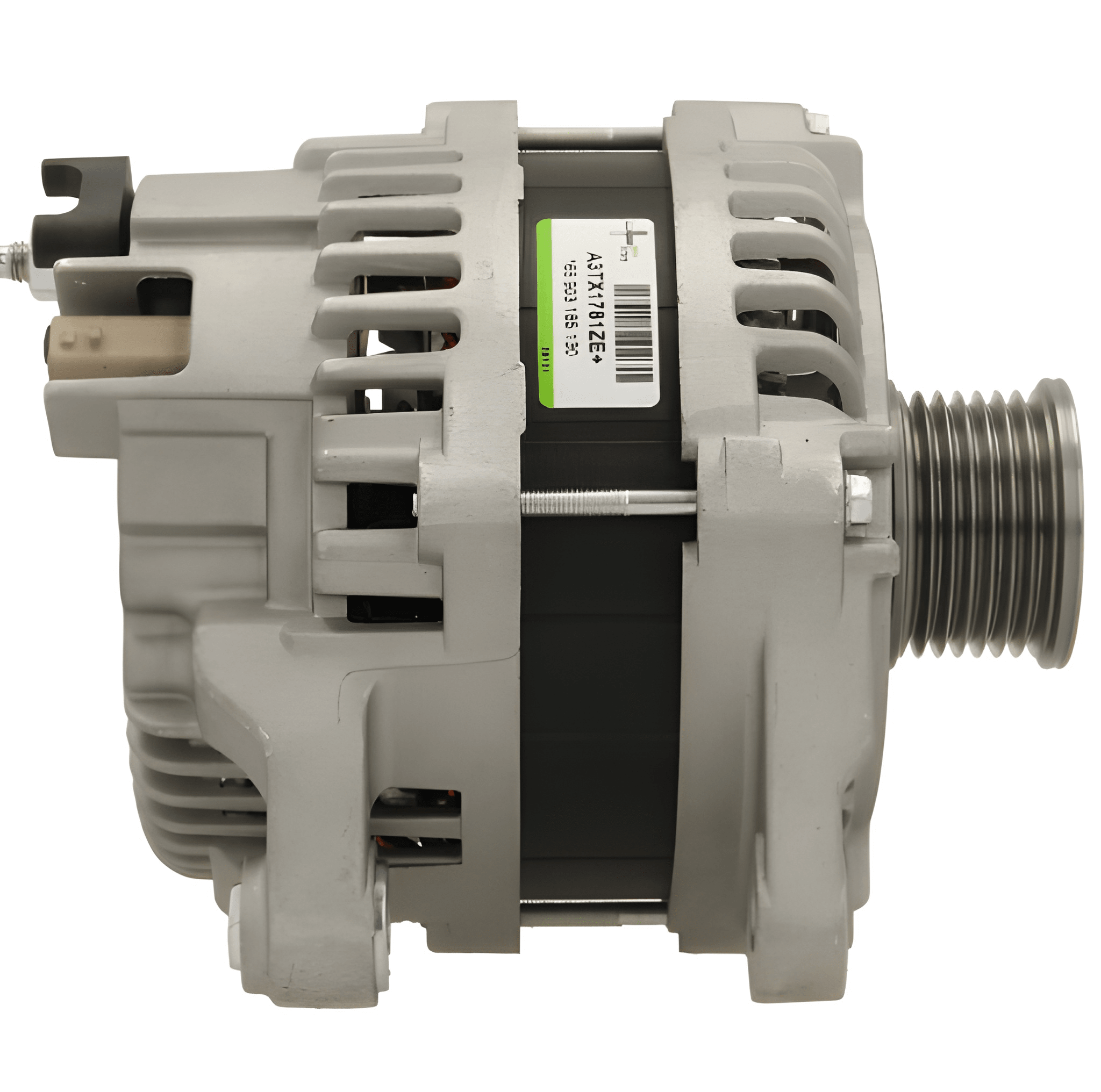 side view of a Car alternator with a visible brand label on a white background
