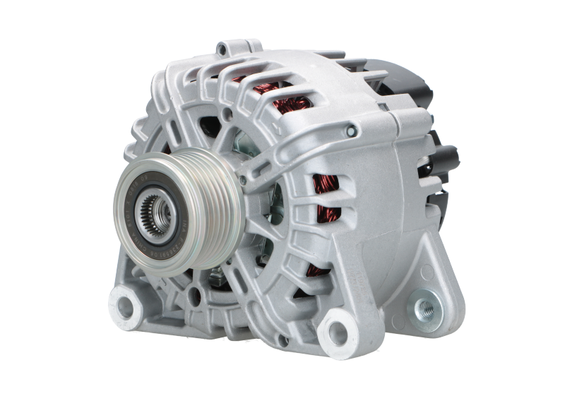 A new aftermarket alternator for Peugeot, Citroen, Opel, Toyota and Vauxhall vehicles, showing the front view with metal components and wiring.