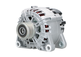 A new aftermarket alternator for Peugeot, Citroen, Opel, Toyota and Vauxhall vehicles, showing the front view with metal components and wiring.