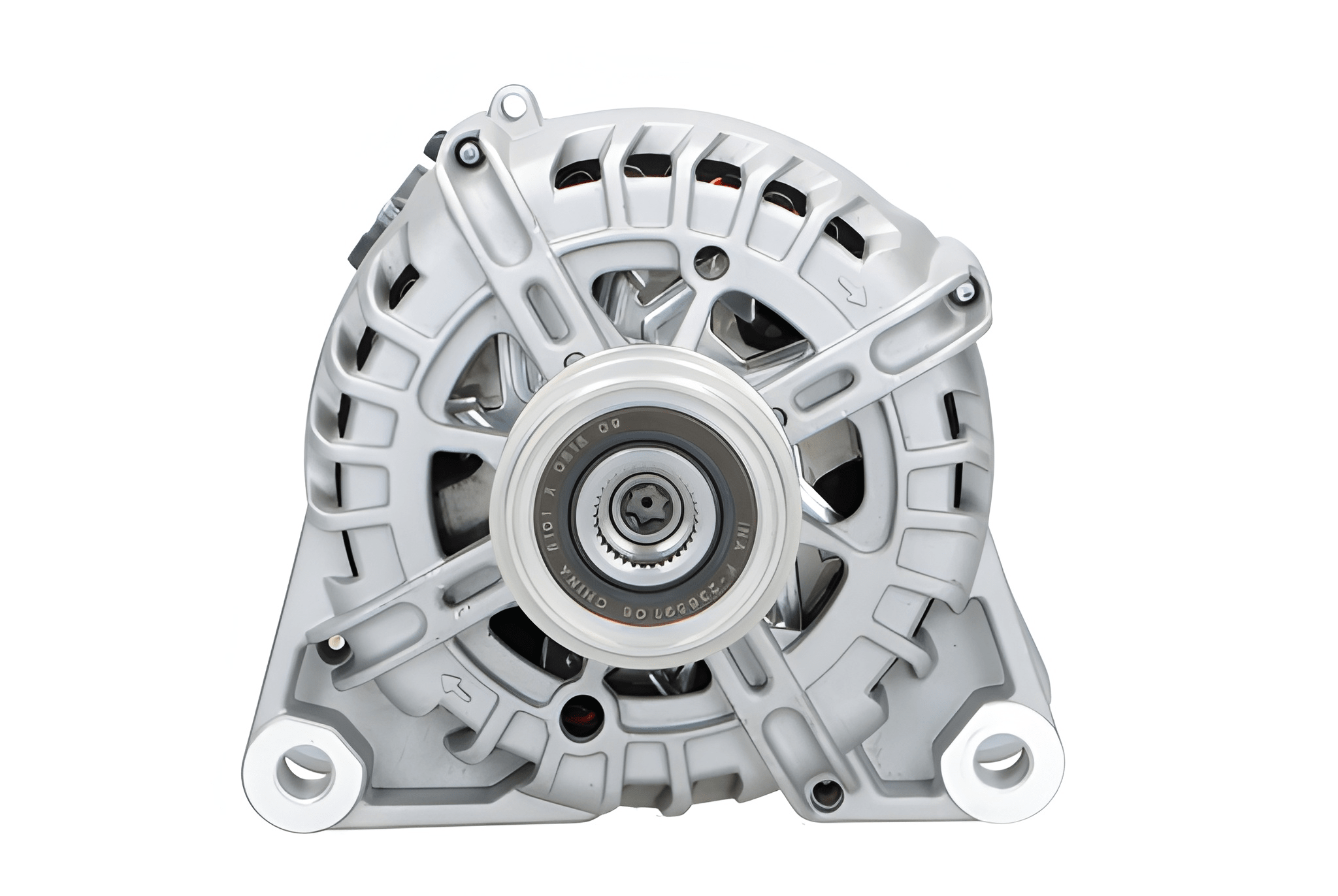 A new aftermarket alternator for Peugeot, Citroen, Opel, Toyota and Vauxhall vehicles, showing the front view with metal components and wiring.