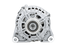 A new aftermarket alternator for Peugeot, Citroen, Opel, Toyota and Vauxhall vehicles, showing the front view with metal components and wiring.