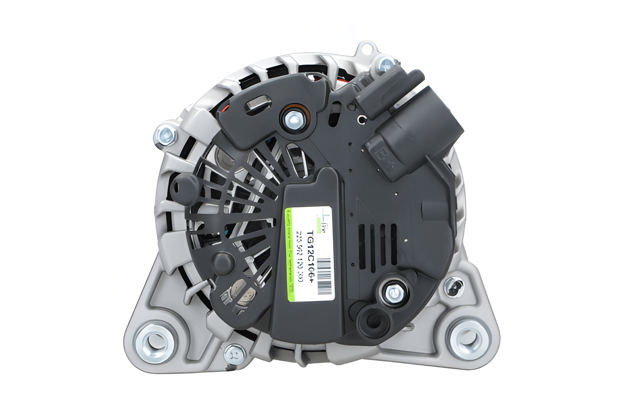 A new aftermarket alternator for Peugeot, Citroen, Opel, Toyota and Vauxhall vehicles, showing the rear view with connectors and barcode.