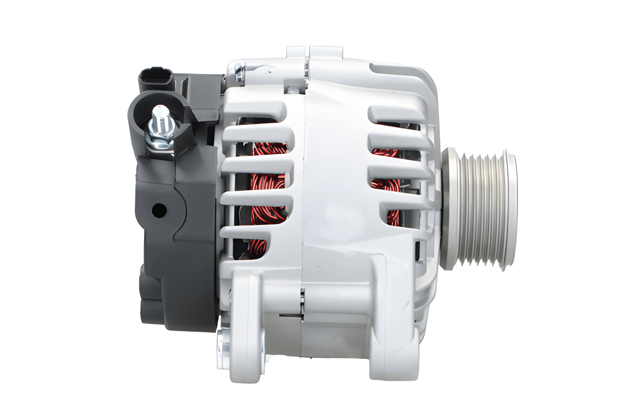 A new aftermarket alternator for Peugeot, Citroen, Opel, Toyota and Vauxhall vehicles, showing the side view with metal components and wiring.