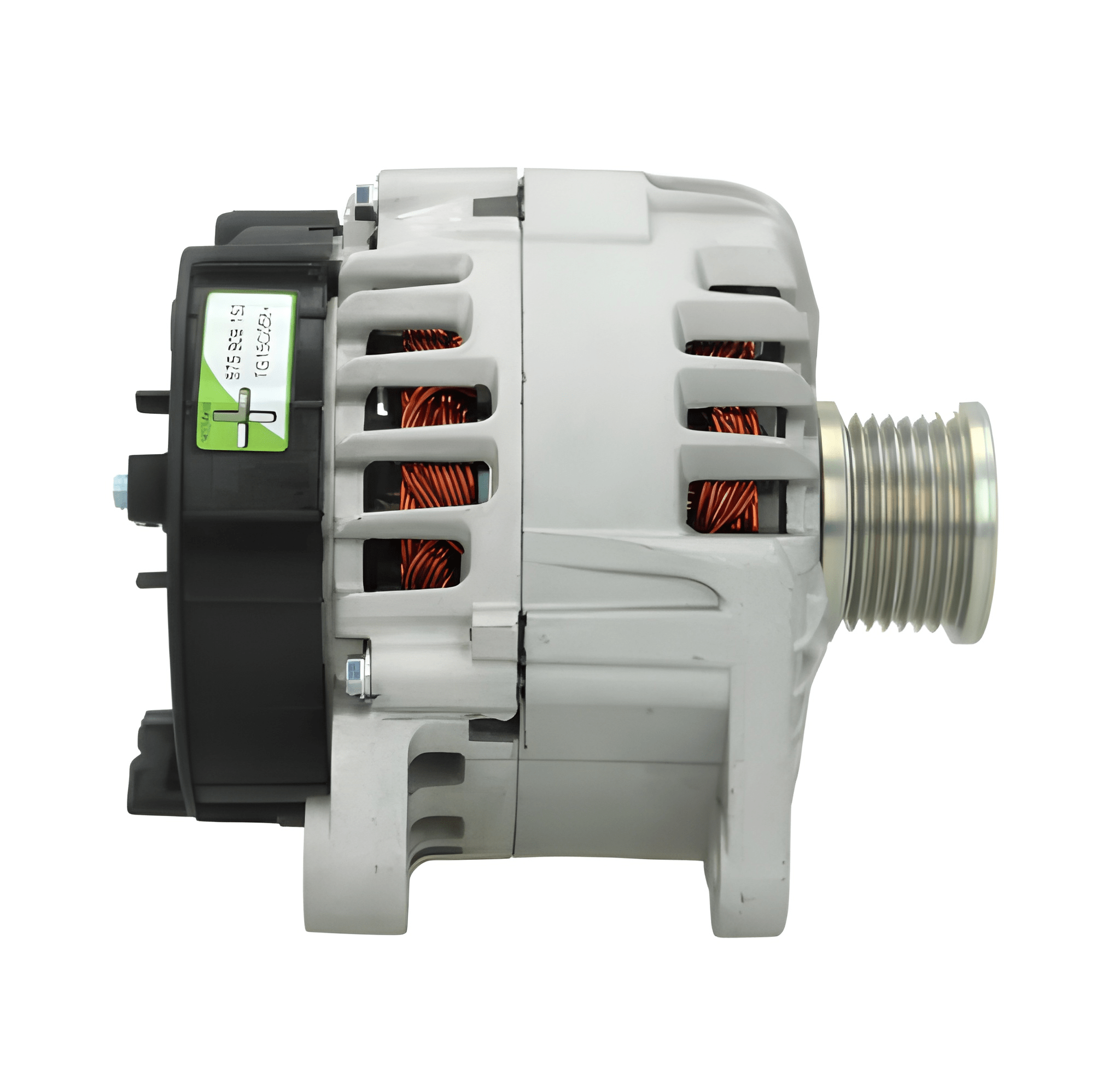 side view of an Automotive alternator on a white background