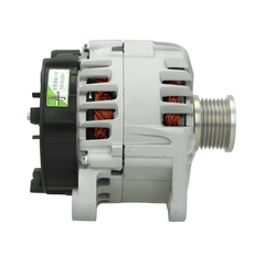 side view of an Automotive alternator on a white background