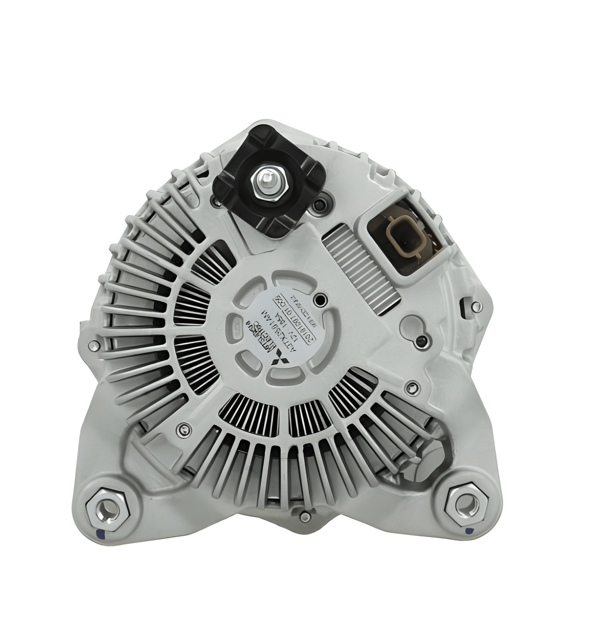 rear view of A new 12V 185A aftermarket alternator for Renault, fiat, vauxhall, opel and nissan vehicles, with metal body and free wheel pulley.