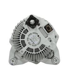 rear view of A new 12V 185A aftermarket alternator for Renault, fiat, vauxhall, opel and nissan vehicles, with metal body and free wheel pulley.