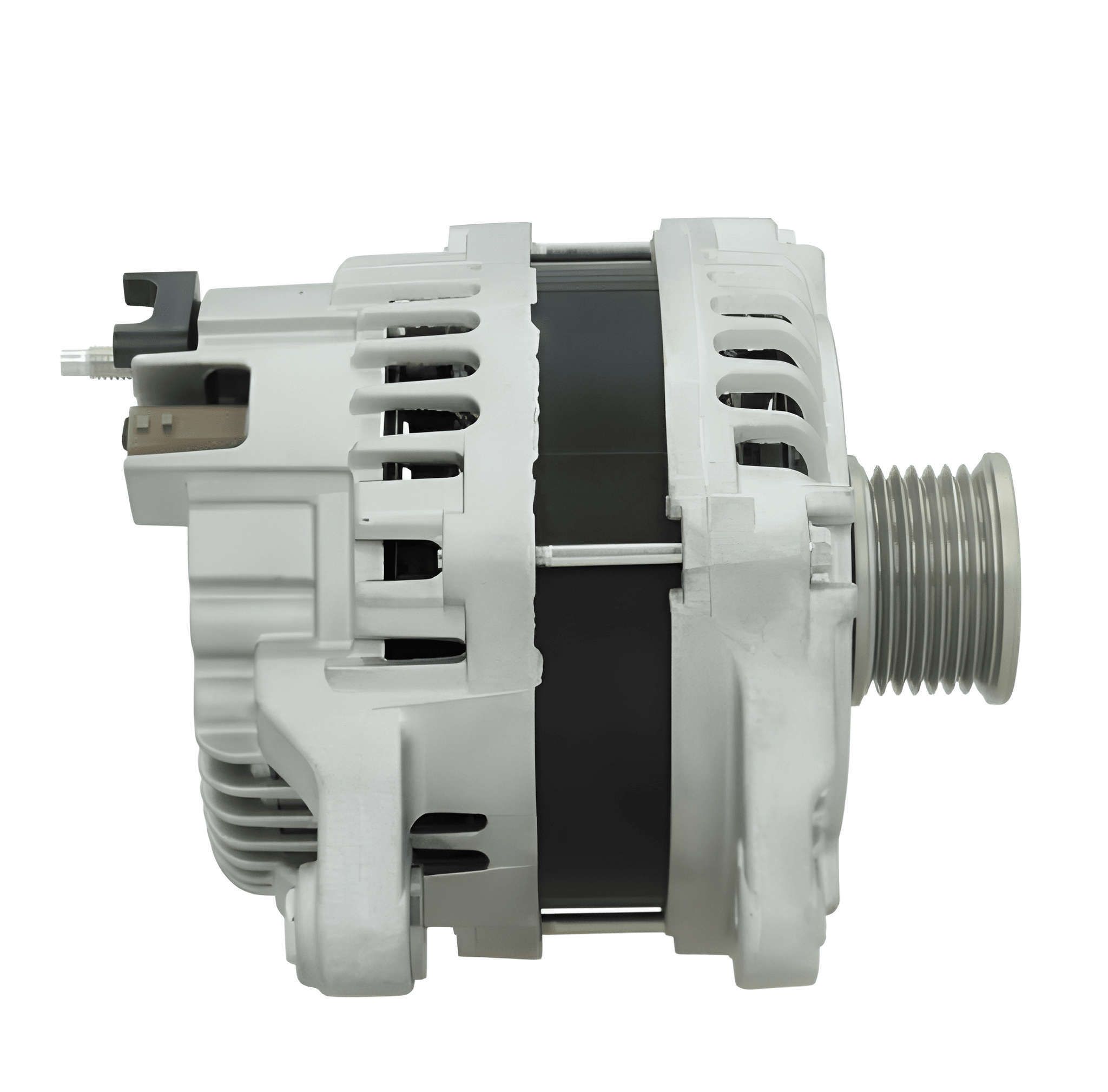 side view of A new 12V 185A aftermarket alternator for Renault, fiat, vauxhall, opel and nissan vehicles, with metal body and free wheel pulley.