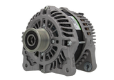 A new aftermarket alternator with a metal body, free wheel pulley, and multiple mounting holes.