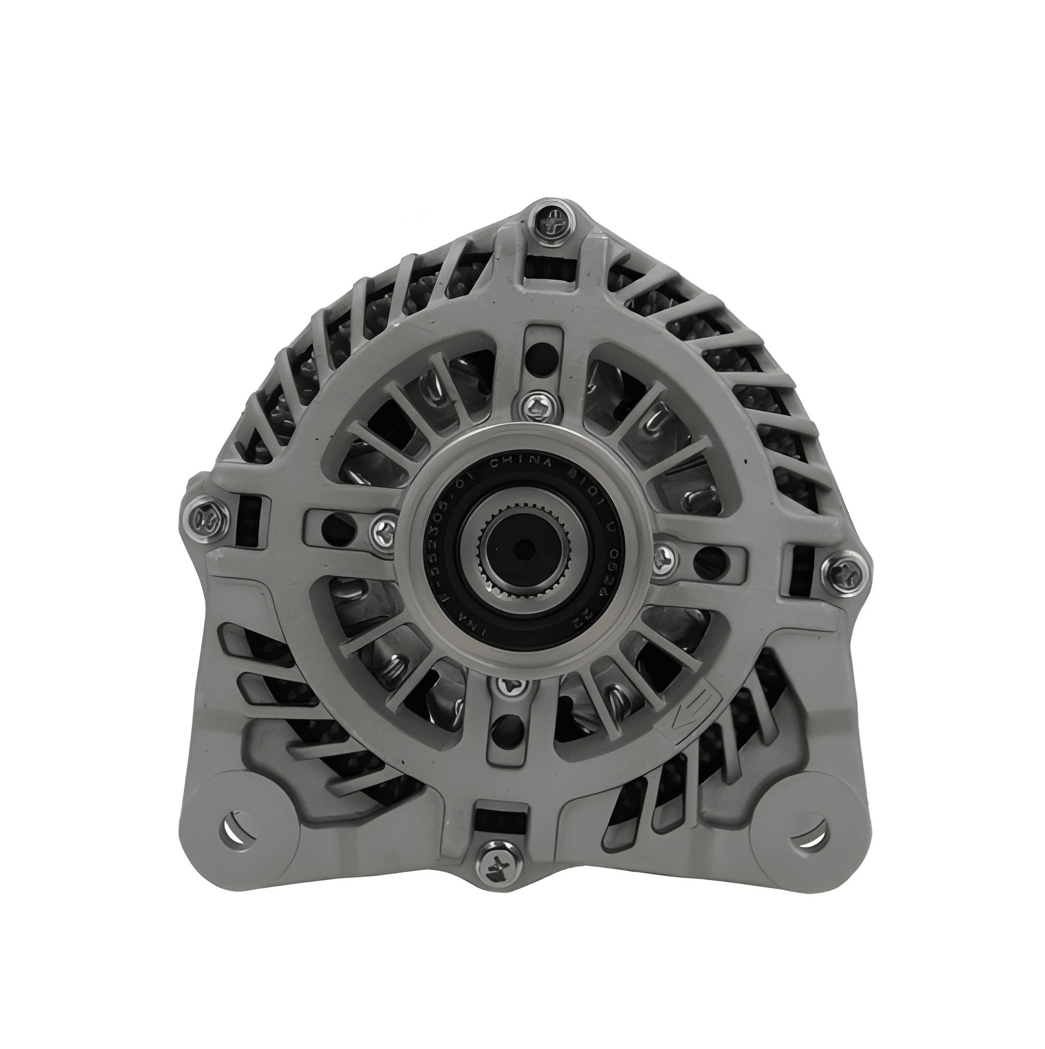 front view of A new aftermarket alternator with a metal body, free wheel pulley, and multiple mounting holes. on a white background