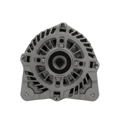 front view of A new aftermarket alternator with a metal body, free wheel pulley, and multiple mounting holes. on a white background