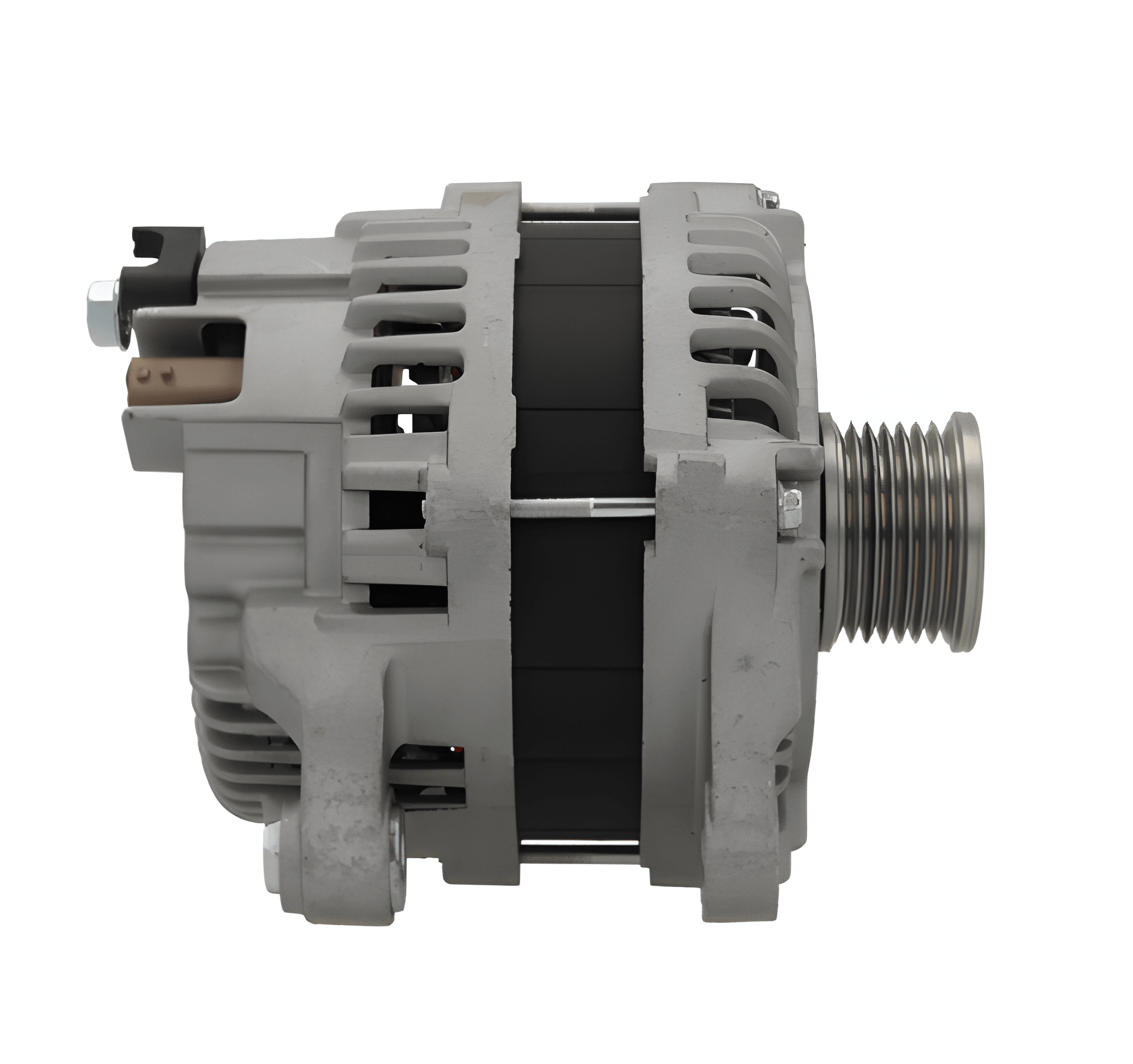 side view of A new aftermarket alternator with a metal body, free wheel pulley, and multiple mounting holes. on a white background