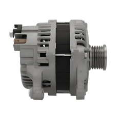 side view of A new aftermarket alternator with a metal body, free wheel pulley, and multiple mounting holes. on a white background