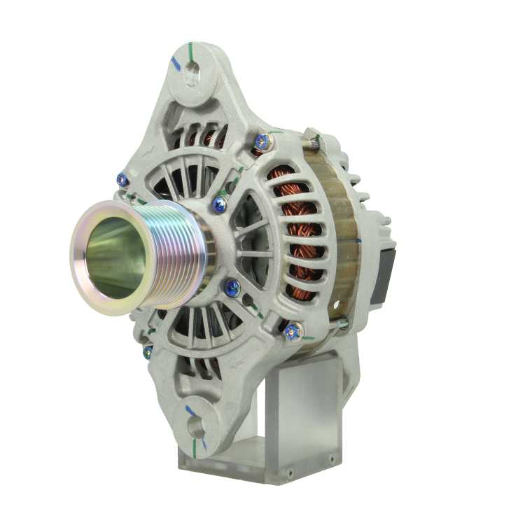 a new 130 amps aftermarket alternator 24V with a metal body, electrical connectors, and a pulley for a vehicle. on a white background