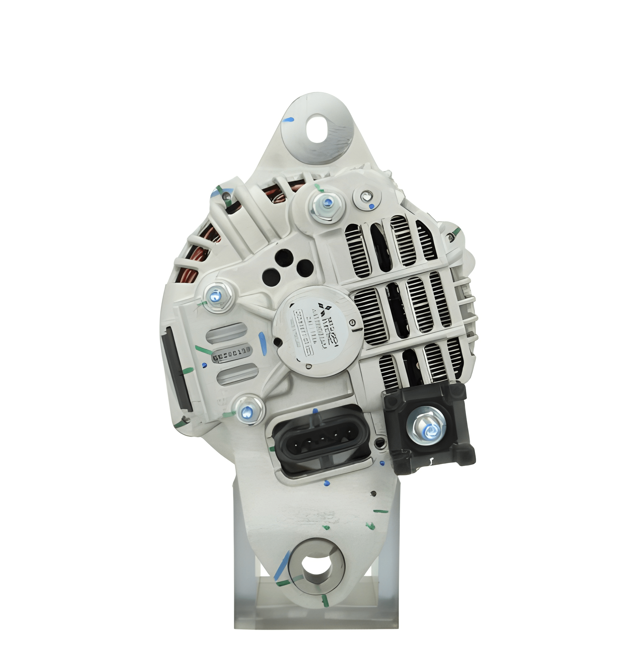 rear view of a new 130 amps aftermarket alternator 24V with a metal body, electrical connectors, and a pulley for a vehicle. on a white background