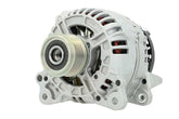 A new aftermarket alternator for a Volkswagen vehicle, showing the front view with a pulley and wiring connectors. on a white bakground