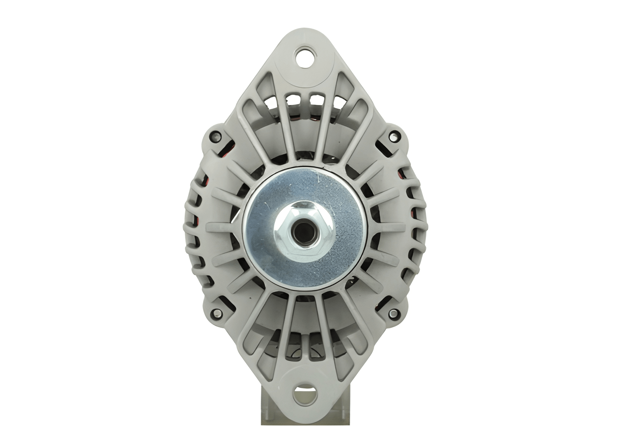 front view of A new 24V 70Amp aftermarket alternator with a metal body and a free wheel pulley, designed to be mounted on a vehicle.