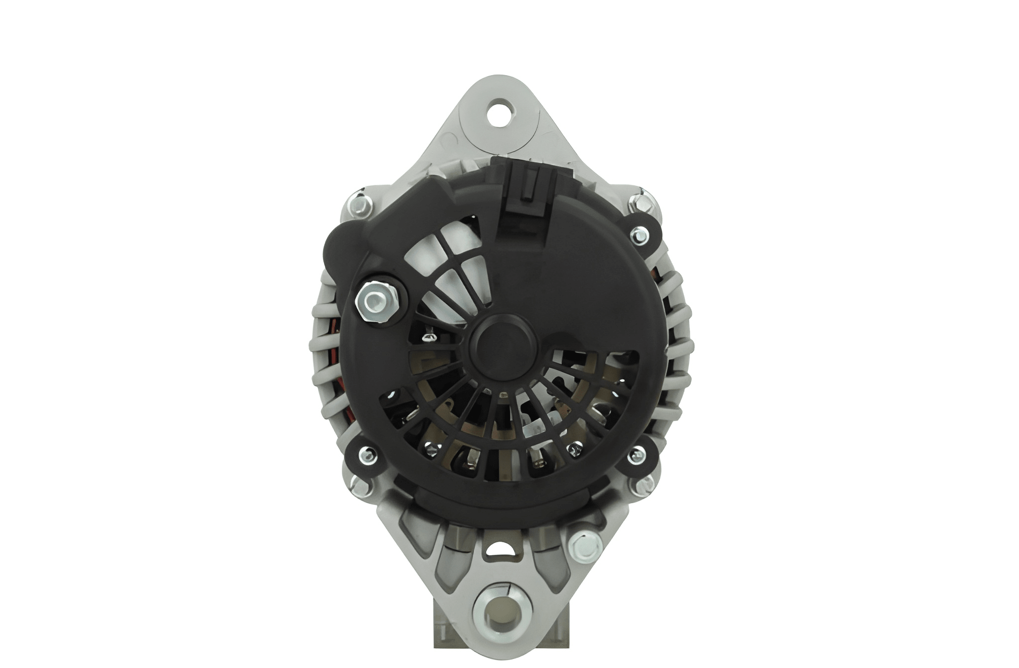 rear view of A new 24V 70Amp aftermarket alternator with a metal body and a free wheel pulley, designed to be mounted on a vehicle.