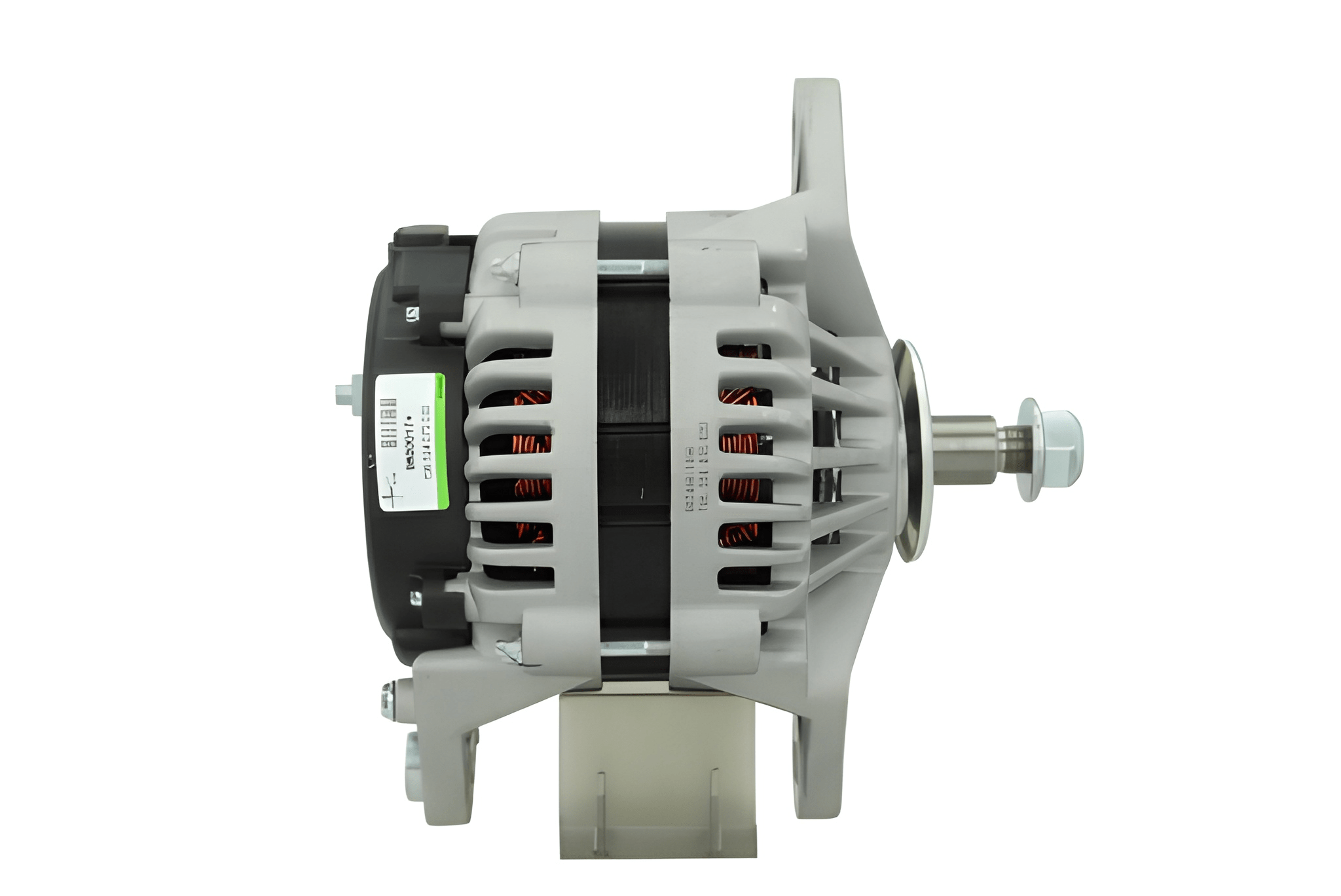 side view of A new 24V 70Amp aftermarket alternator with a metal body and a free wheel pulley, designed to be mounted on a vehicle.