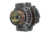 A Scania 100A alternator, showing a metallic body with a pulley and mounting points, against a white background.