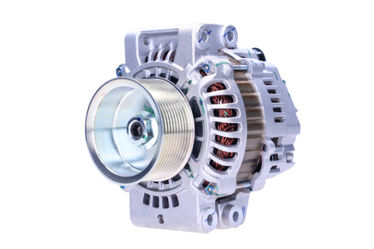 A Scania 100A alternator, predominantly metallic, with a pulley and mounting holes visible.