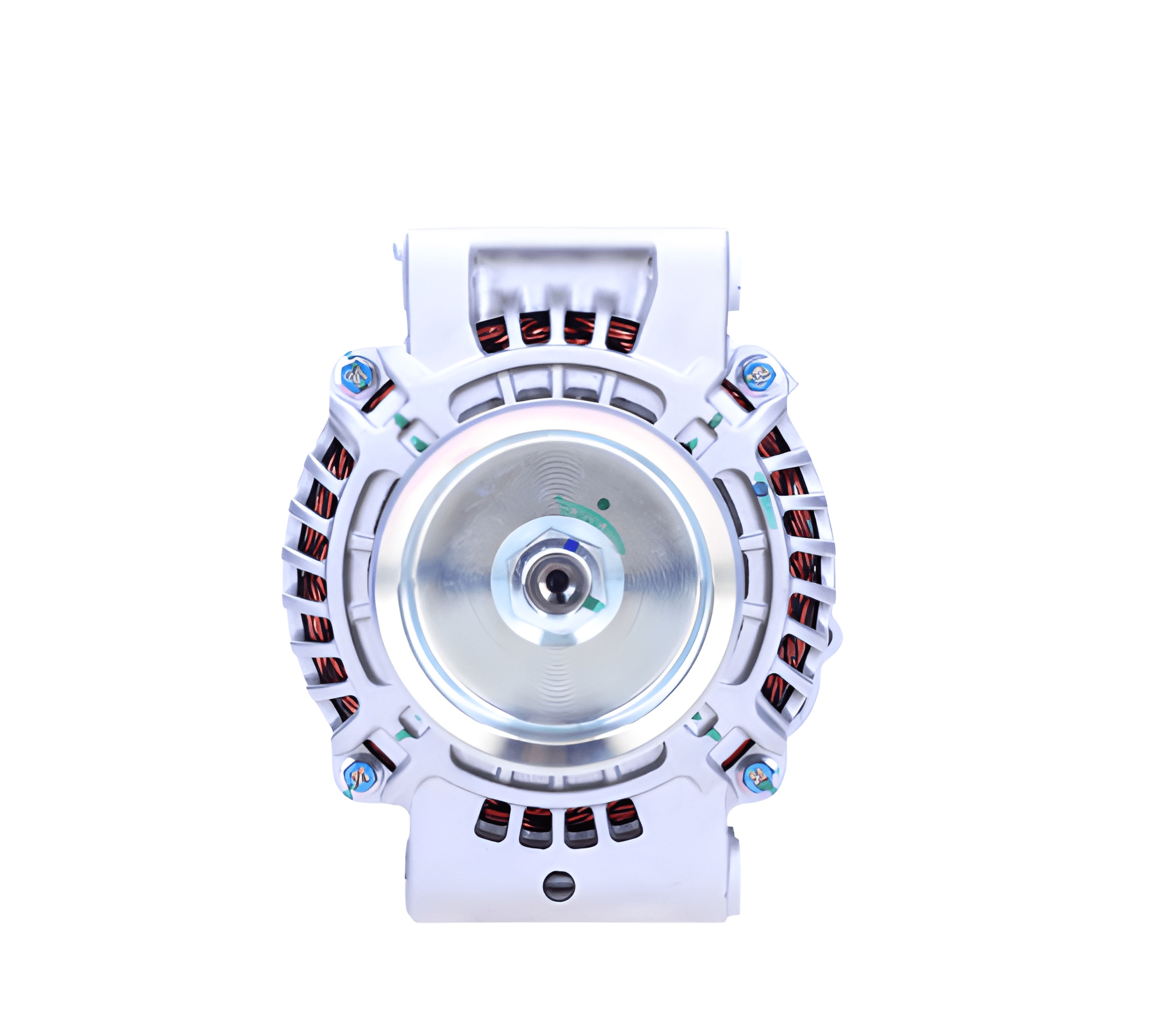 front view of a car alternator on a white background