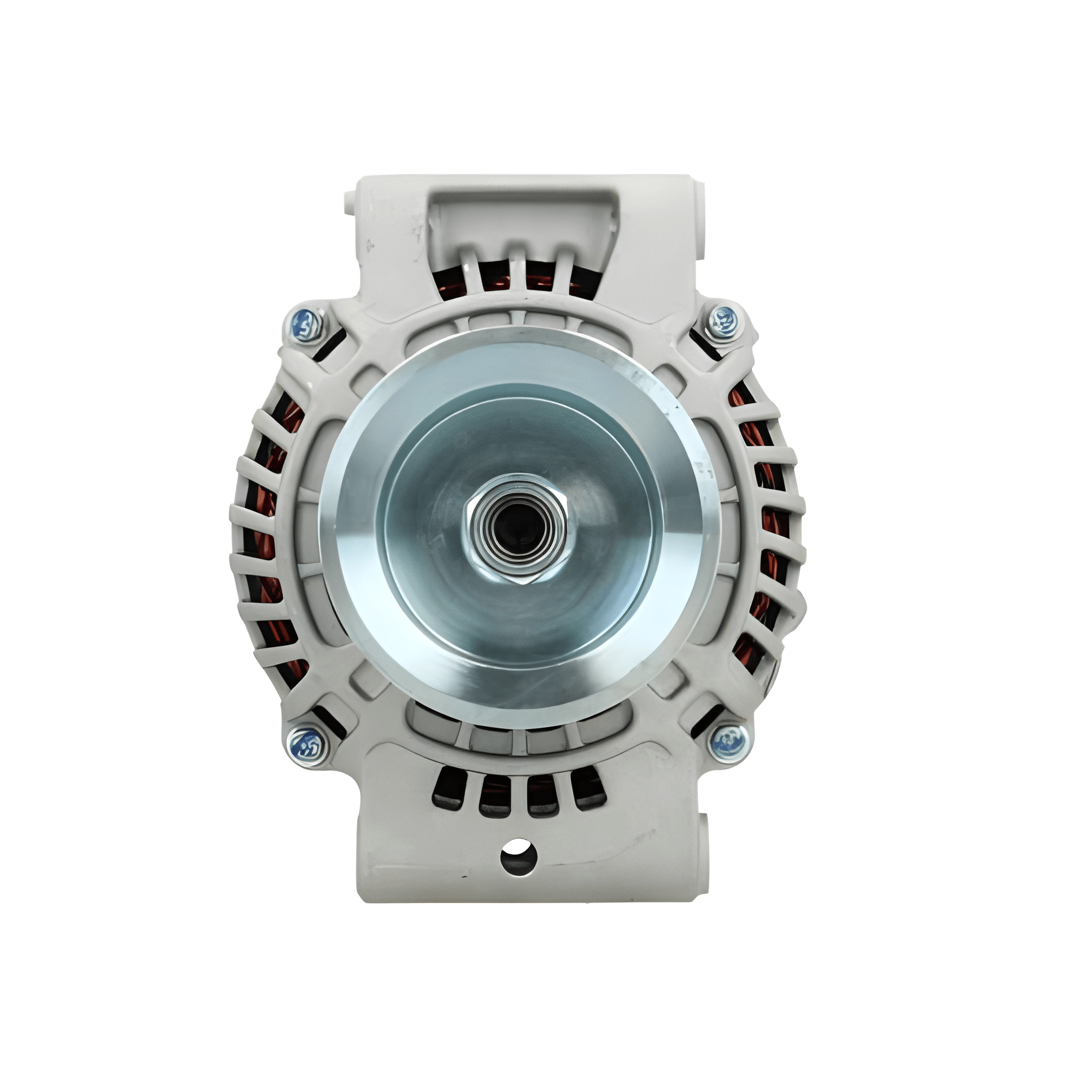 front view of a car alternator on a white background
