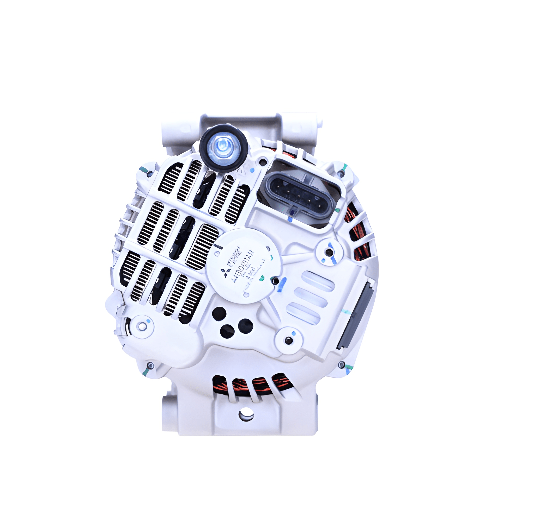 rear view of a Car alternator on a white background