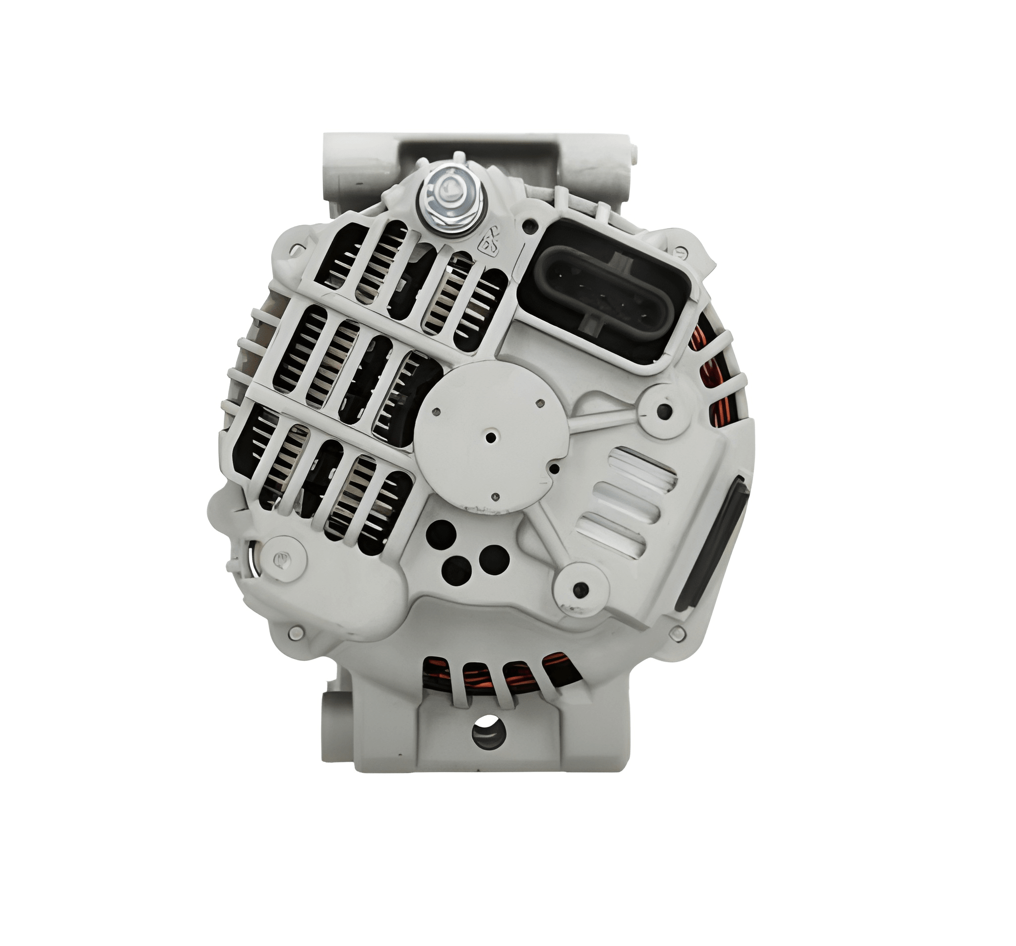 back view of a Car alternator on a white background