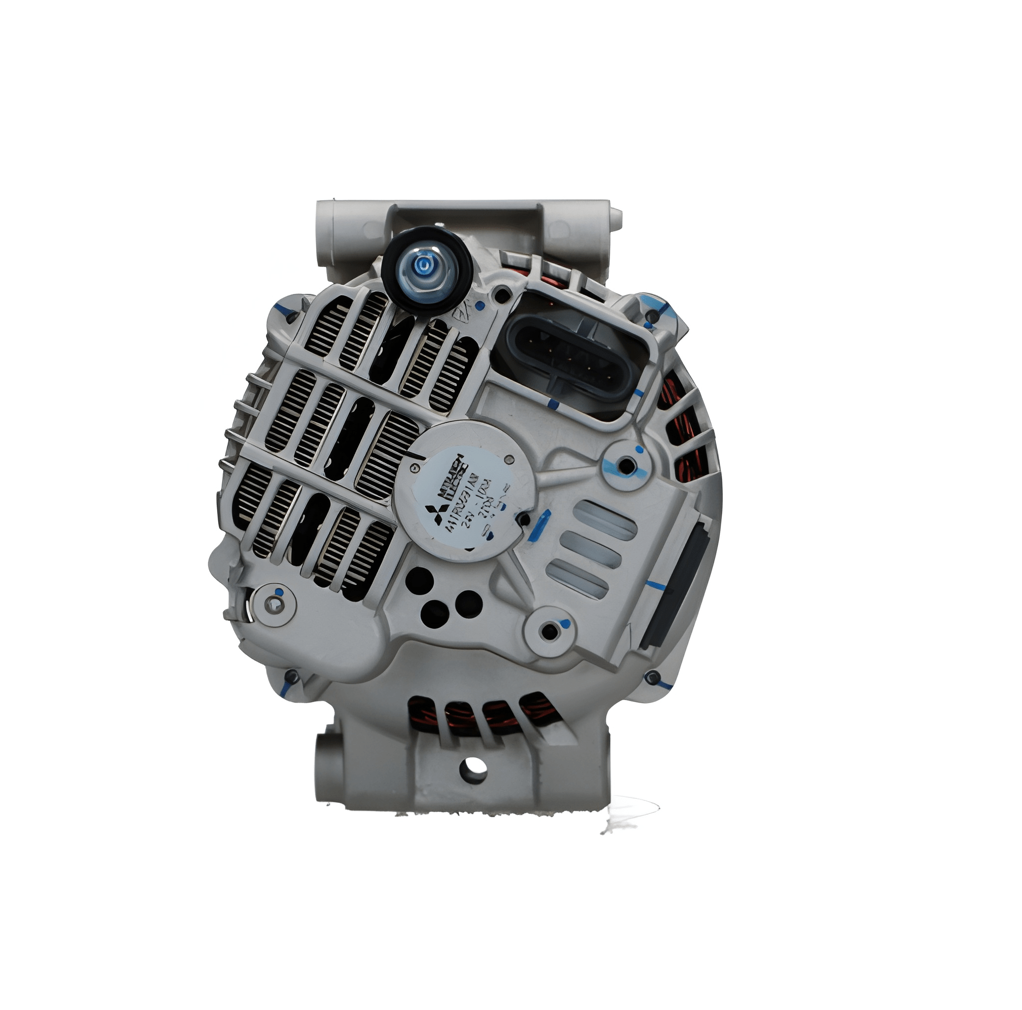 rear view of a Car alternator on a white background