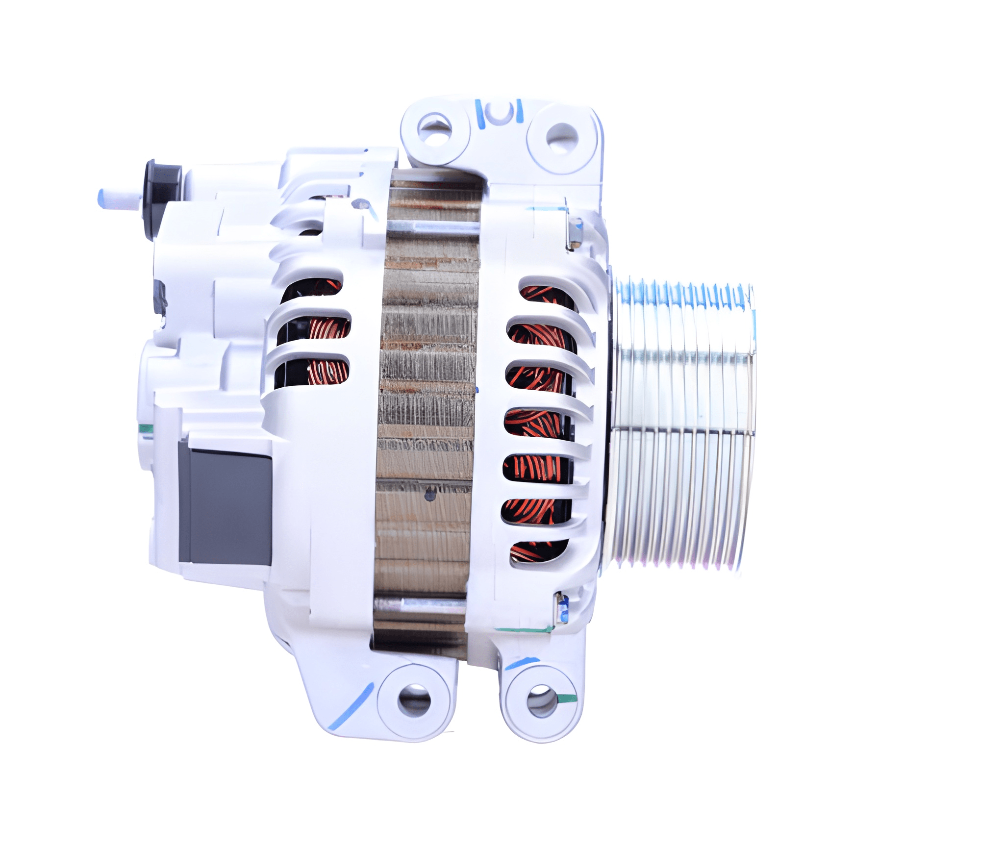 side view of a Car alternator on a white background