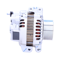 side view of a Car alternator on a white background