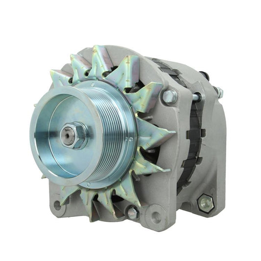 A Scania 150A alternator 24V with a gray body, metal pulley, and various mounting components.