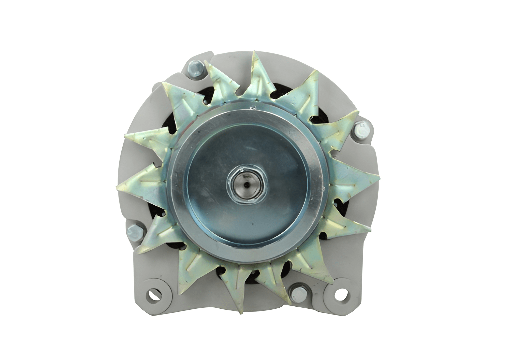 front view of A Scania 150A alternator 24V with a gray body, metal pulley, and various mounting components.