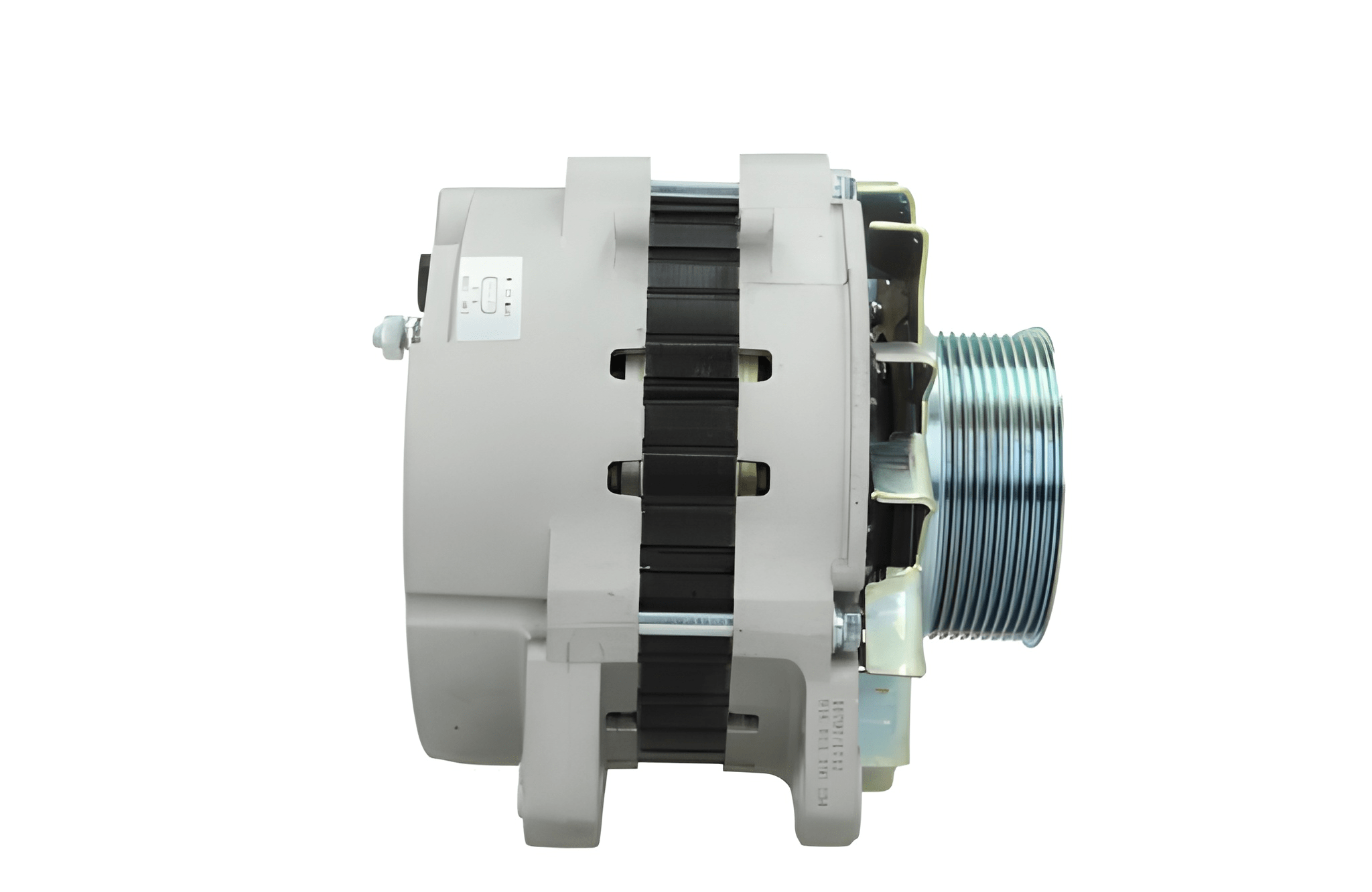 side view of A Scania 150A alternator 24V with a gray body, metal pulley, and various mounting components.
