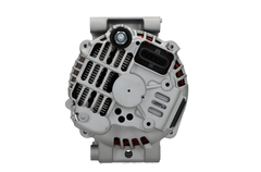 rear view of A 24V Scania 100A alternator, primarily gray in color, with metal components and a pulley.