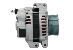 side view of A 24V Scania 100A alternator, primarily gray in color, with metal components and a pulley.