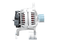 side view of a Volvo 110A 24V alternator, showing the front view with mounting holes and electrical connectors.