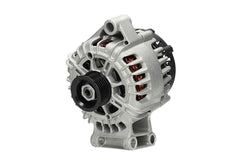 A Ford 120A alternator with a metal body, wiring, and a pulley system.