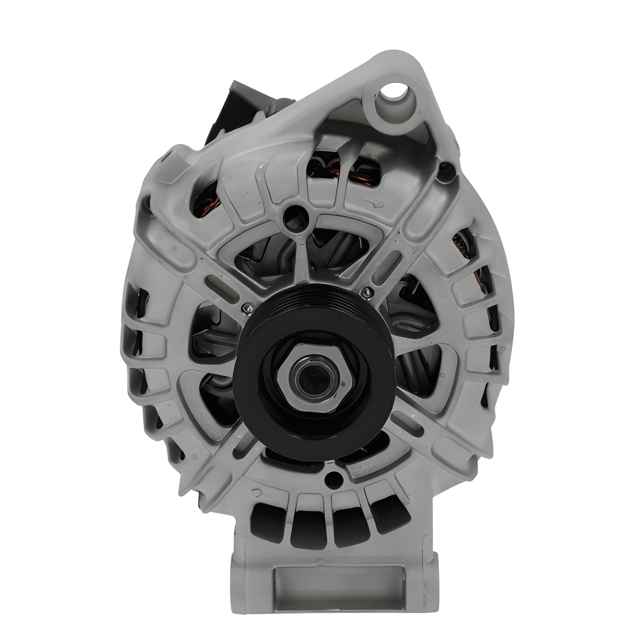 A Ford 12V 120A alternator, showing a metallic body with mounting holes and a pulley for the belt drive.