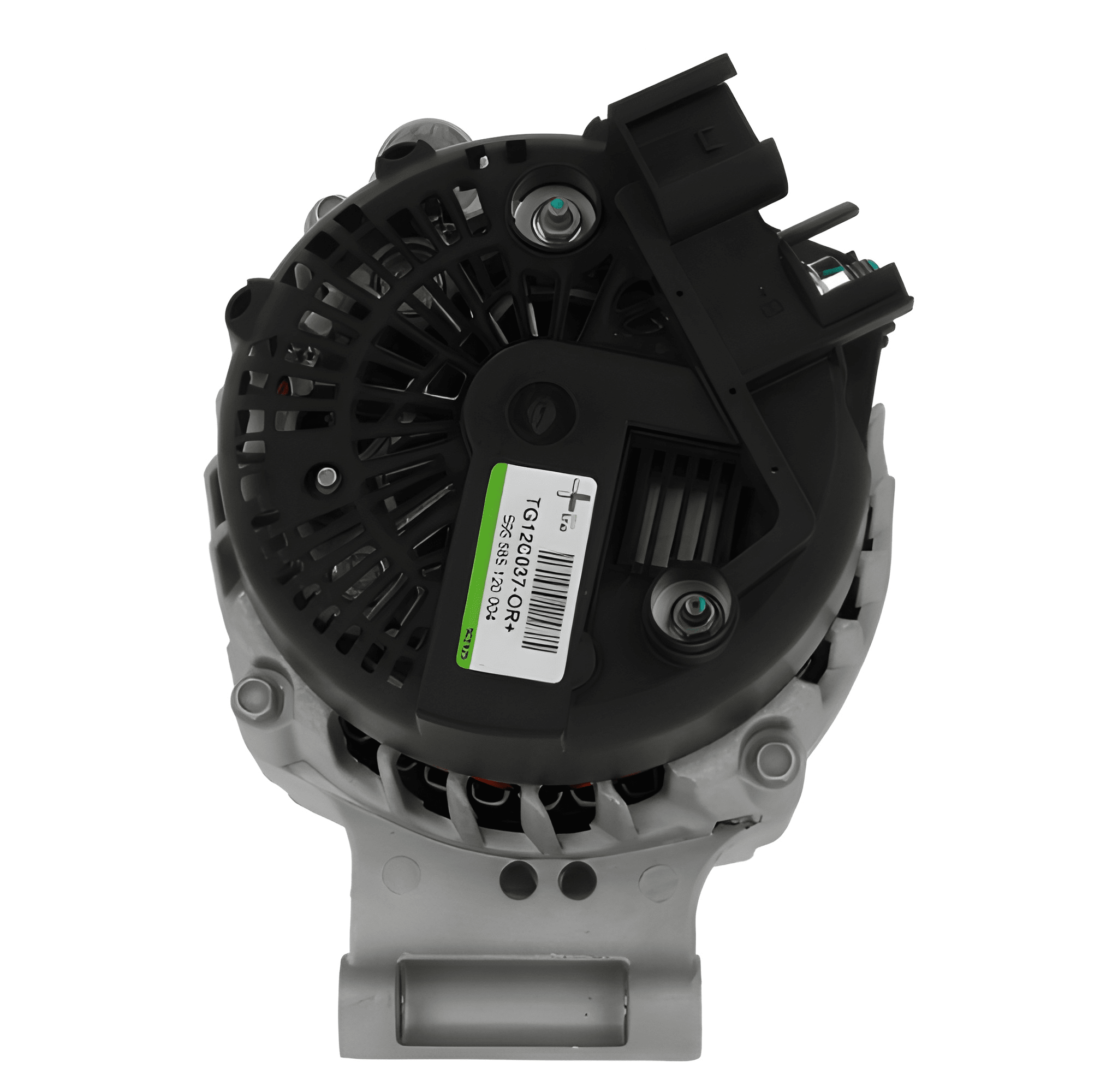 A Ford 12V 120A alternator, showing a metallic body with mounting holes and a pulley for the belt drive.