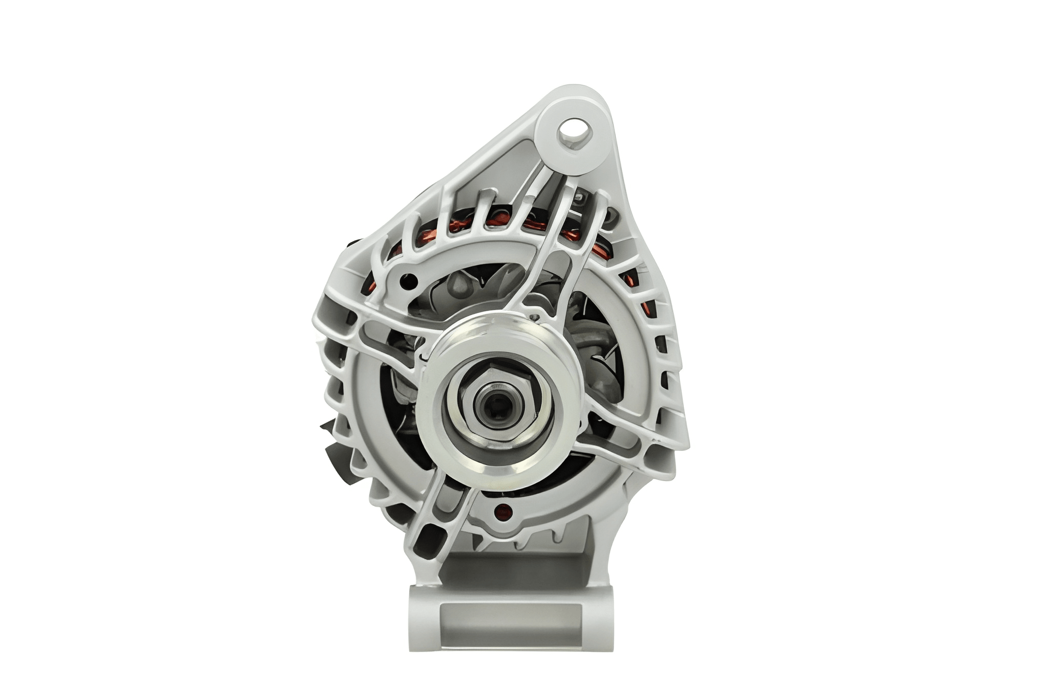 front view of A Ford 105A 12V alternator, showing a metallic body with a pulley and connectors.