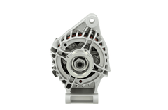 front view of A Ford 105A 12V alternator, showing a metallic body with a pulley and connectors.