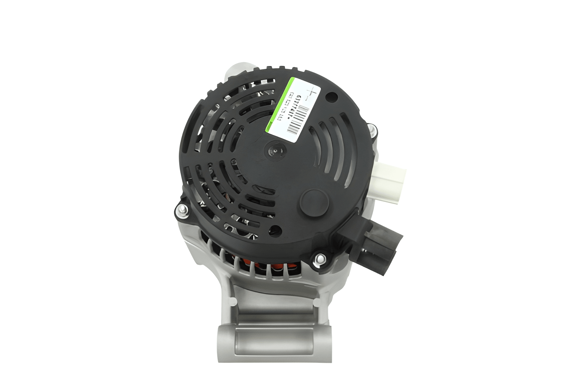 rear view of A Ford 105A 12V alternator, showing a metallic body with a pulley and connectors.