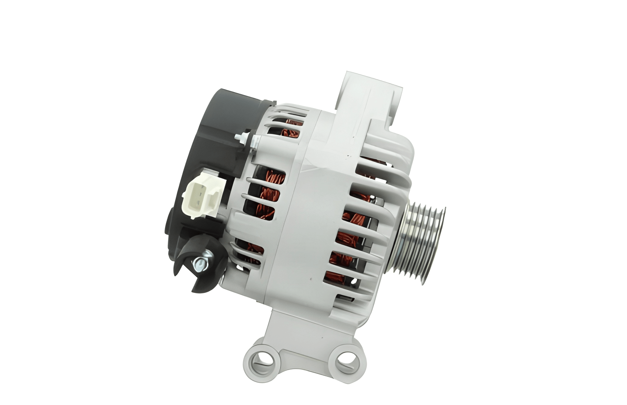 side view of A Ford 105A 12V alternator, showing a metallic body with a pulley and connectors.