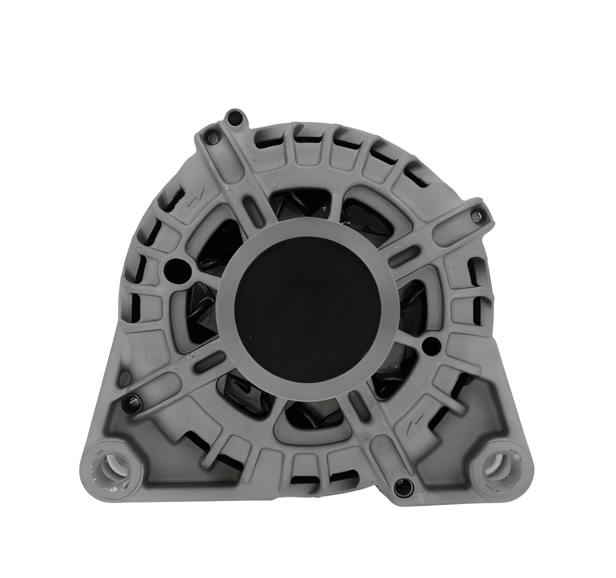 front view of A new 12V 150Amp aftermarket alternator for Ford vehicles, with a metal body and a black plastic cover.